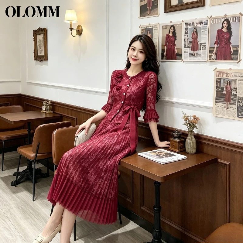 Miyake Pleated 2026 Spring and Autumn Plus Size New Round Neck Lace Jacquard Dress with Bell Sleeves and Floral Pattern Pleat