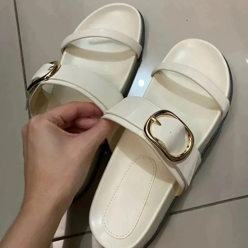 White Flatform Slippers Outdoor Sandals Women Round Head Open Head Thick Sole Slipper Leisure Buckle Strap Upper Shoes For Woman