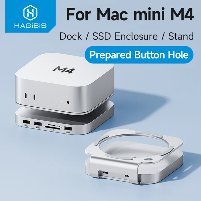 Hagibis USB C Hub with M.2 SSD Enclosure for Mac Mini M4/M4 Pro Stand Type-C Docking Station SSD Case USB3.2 Gen2 SD4.0 TF4.0 Hagibis MC60 USB-C Hub and Stand for Mac Mini M4 / M4 Pro with M.2 SSD Enclosure – USB 3.2 Gen 2, SD 4.0 / TF 4.0