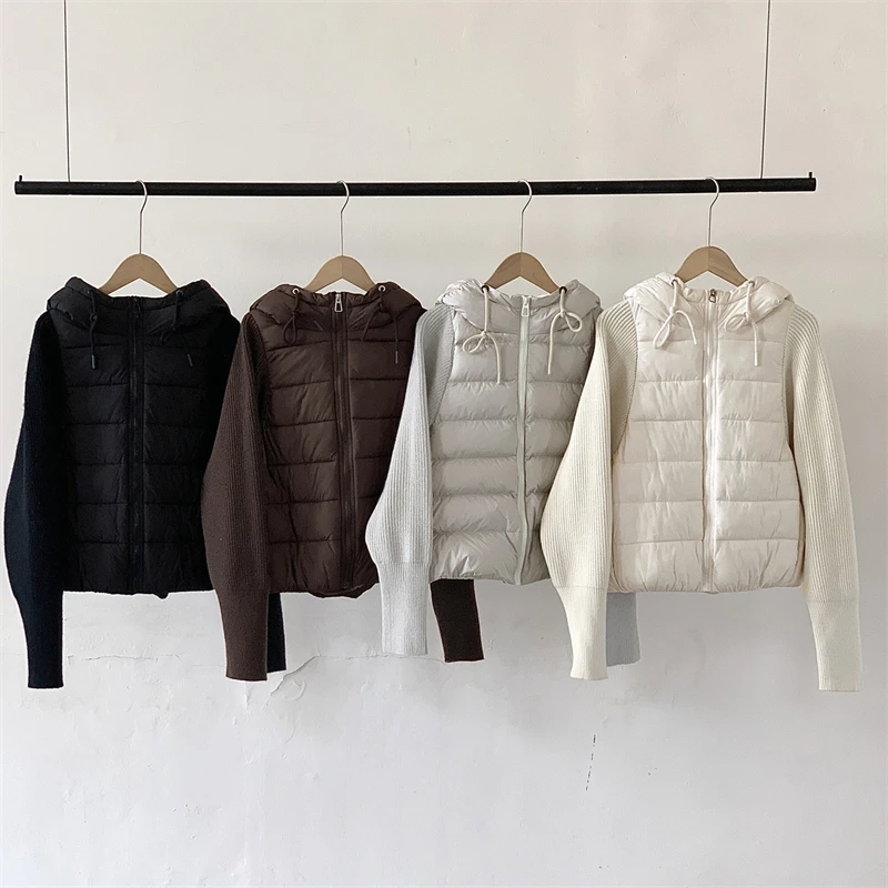 

2025 Cotton Clothing Women's New Winter Knitted Patchwork Hooded Cotton Coats Short Jacket Thick Warm Female Outwear Tops Trend