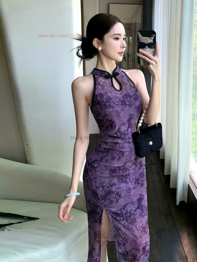

2026 oriental sexy dress improved cheongsam national flower print sleeveless mesh qipao retro nightclub evening dress vestido