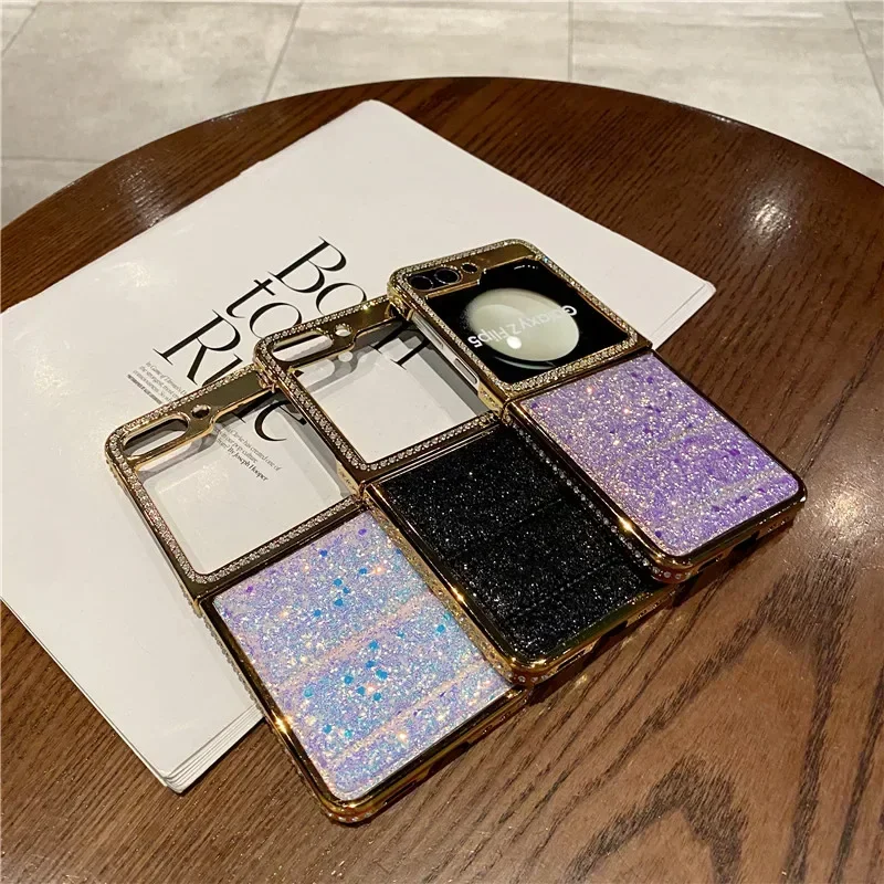 Electroplated Water Diamond Flash for Samsung Galaxy Z Flip 6 5 4 3 Flip5 Flip4 Flip6 5G Anti Drop PU Leather Protective Cover