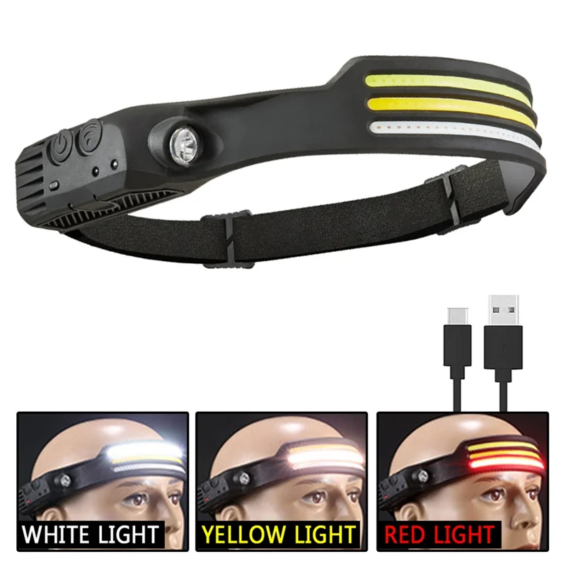 ABMO 2PCS Hand  Sensor Head Light COB LED Flashlight USB Rechargeable Head Camping Fishing Work Head Light