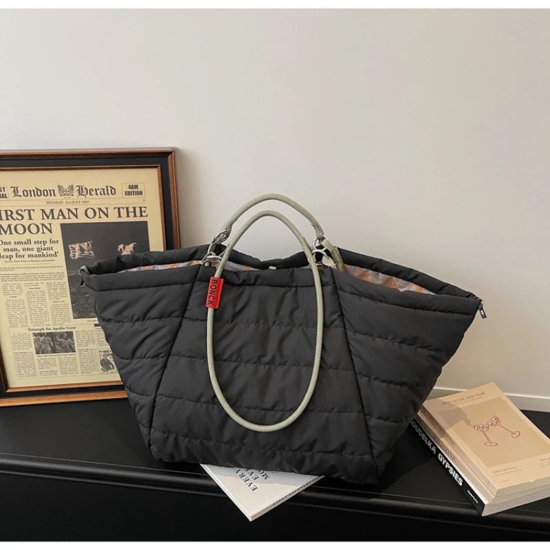 Wing Design Large Nylon Tote Women Minimalist Solid shoulder bag Stylish Casual Commute Work Purse with Clean Shape Everyday