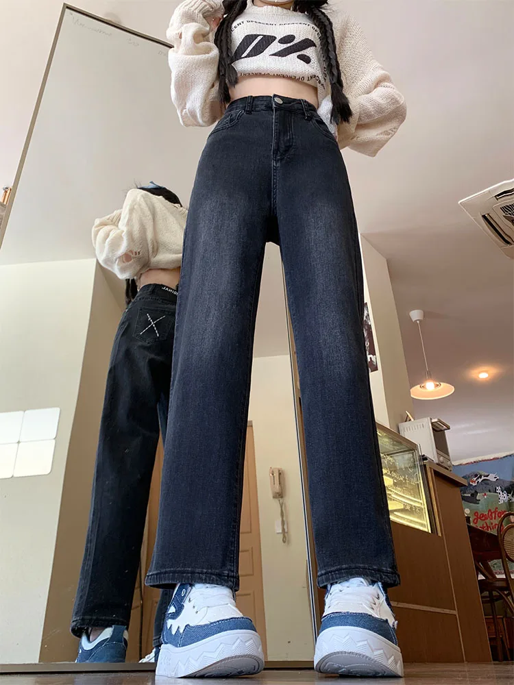 Dżinsy damskie z wysokim stanem, proste nogawki, plus size, elastyczne spodnie typu nine tube, jesienne nowości, stylizowane na casual, bawełniane, elastyczne dżinsy.