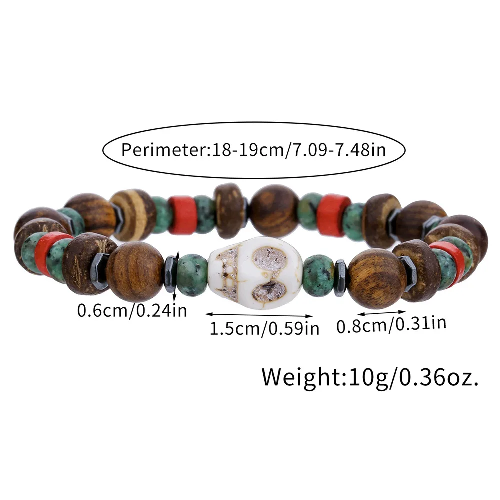 WG 1pc Vintage Handmade Beaded Skull Bracelet For Men Wooden Coconut Shell Beaded Bracelet Jewelry