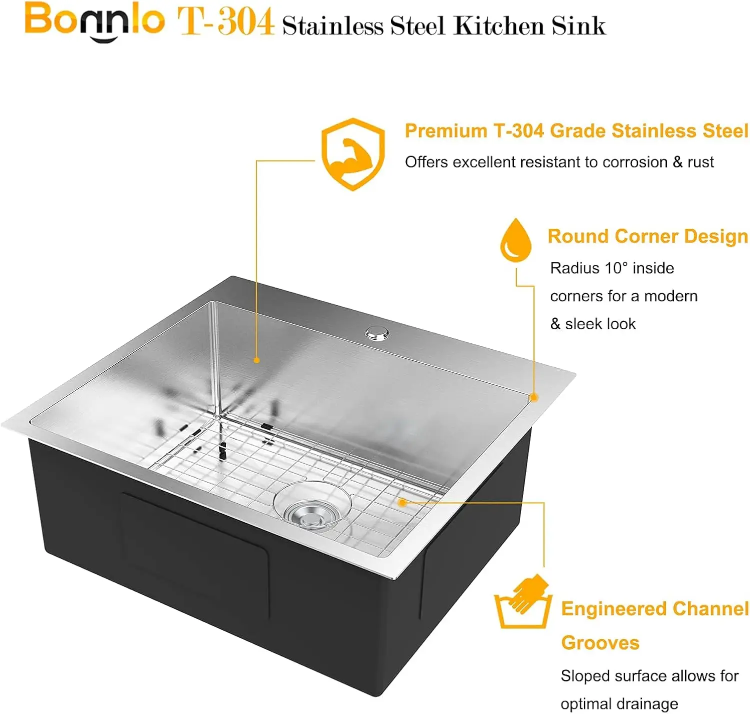 25 Inch Top mount Kitchen Sink Drop-in, Farmhouse Kitchen Sink with Sink Protector 18 Gauge, Workstation Sink, 304 Stainl