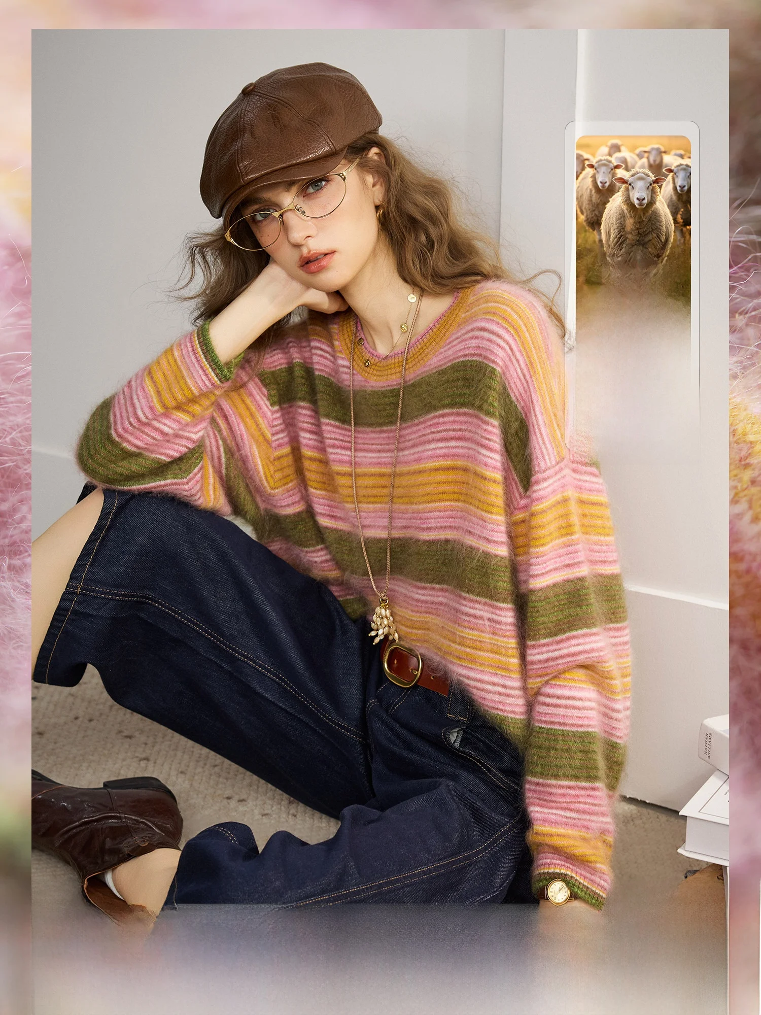 

Matisse Knitted Pumpkin Valley 00% Camere Striped Color Blo round Ne Sweater Casual Loose Fit Long Sve Women's Knit...