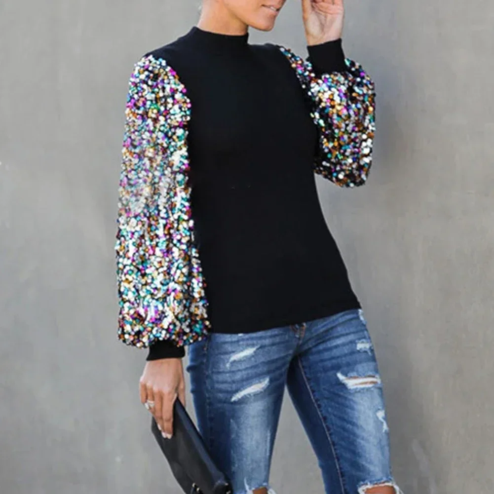 

Women Casual Sequins Lantern Long Sleeve Patchwork Half High Collar T Shirt Blouse Ladies Loose Tee Tops Pullover Female T-shirt