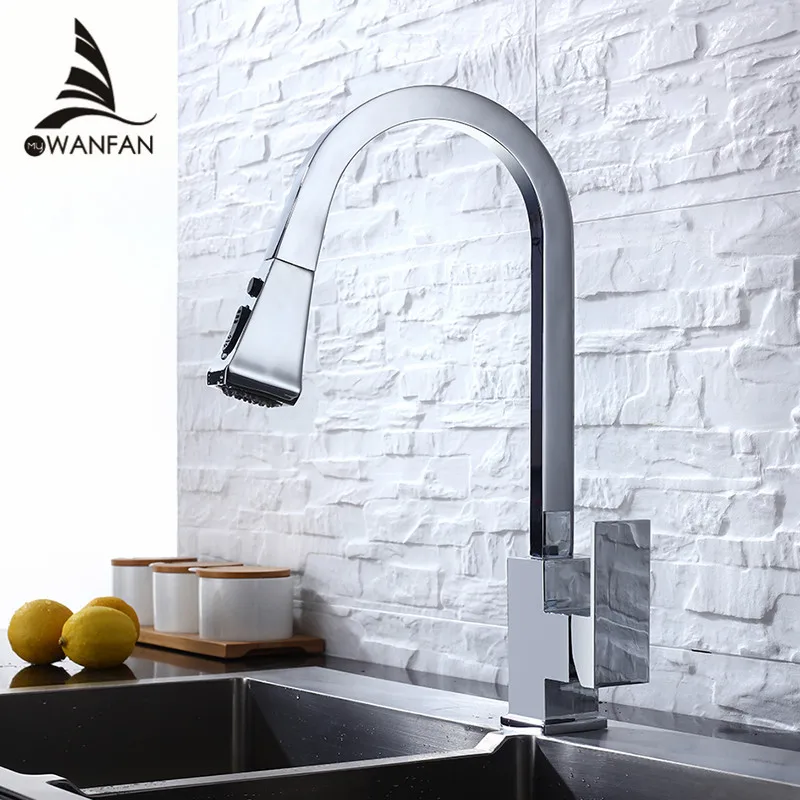 Kitchen Faucets Silver Pull Out Tap Single Hole Handle Solid Brass Black Swivel 360 Degree Water Mixer   866399R