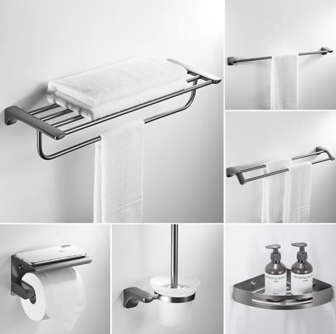 Luxury g un grey 6 pieces bathroom accessories set stainless steel bathroom hardware set