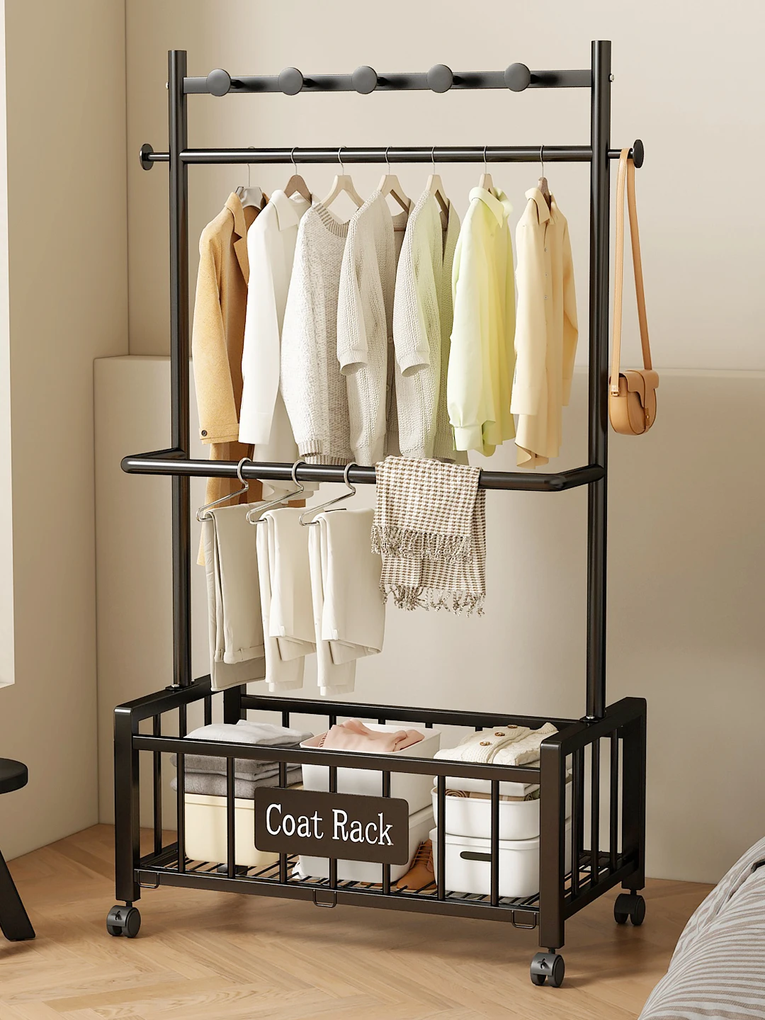 

Indoor Floor-Mounted Clothes Drying Rack Simple Bedroom Clothing Storage Shelf Portable Coat Hook Indoor Hanging Clothes Rack