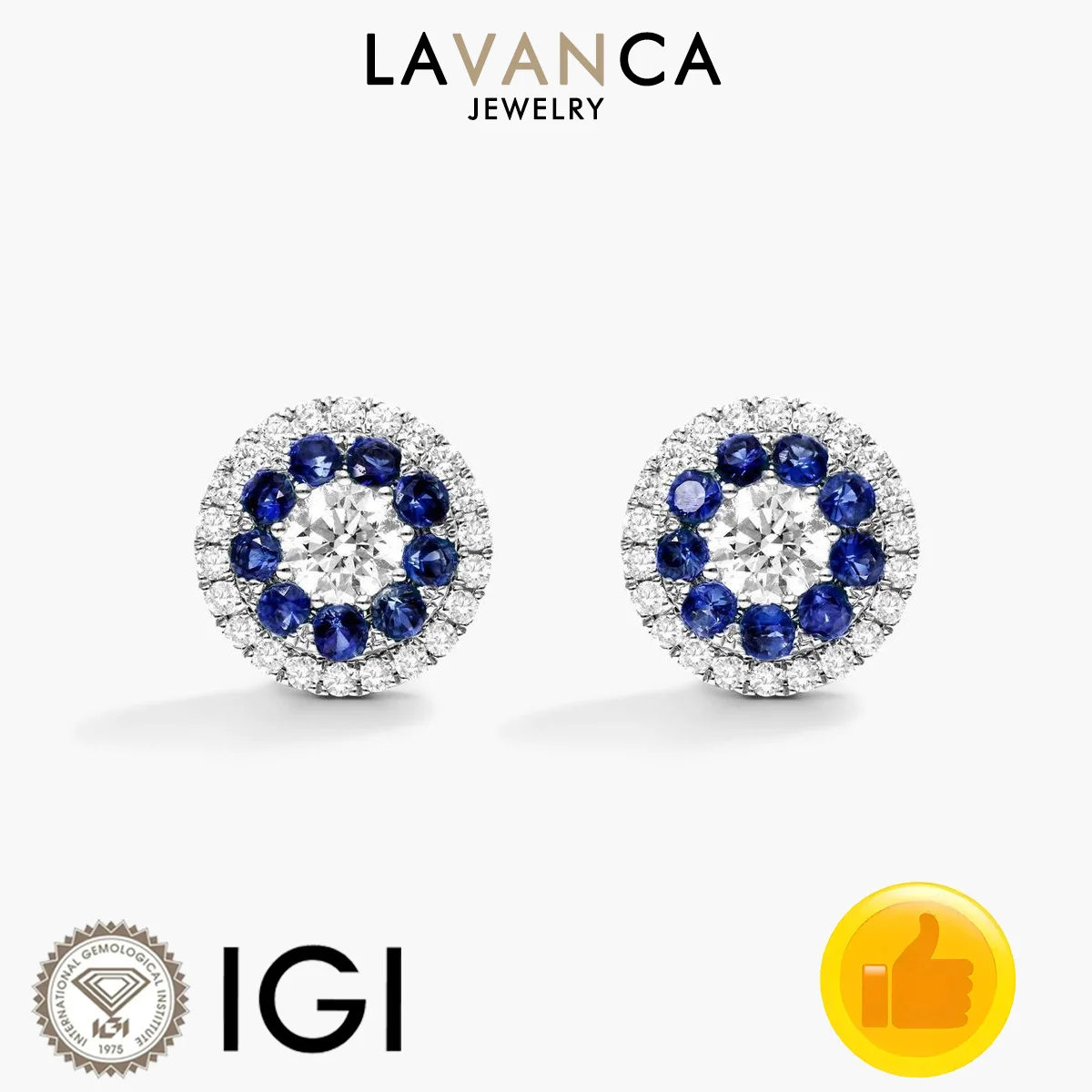 9K/14K/18K White Gold Lab Sapphire Diamond Ring Round Lab Sapphire and Diamond Double Halo Ring Engagement Ring For Women