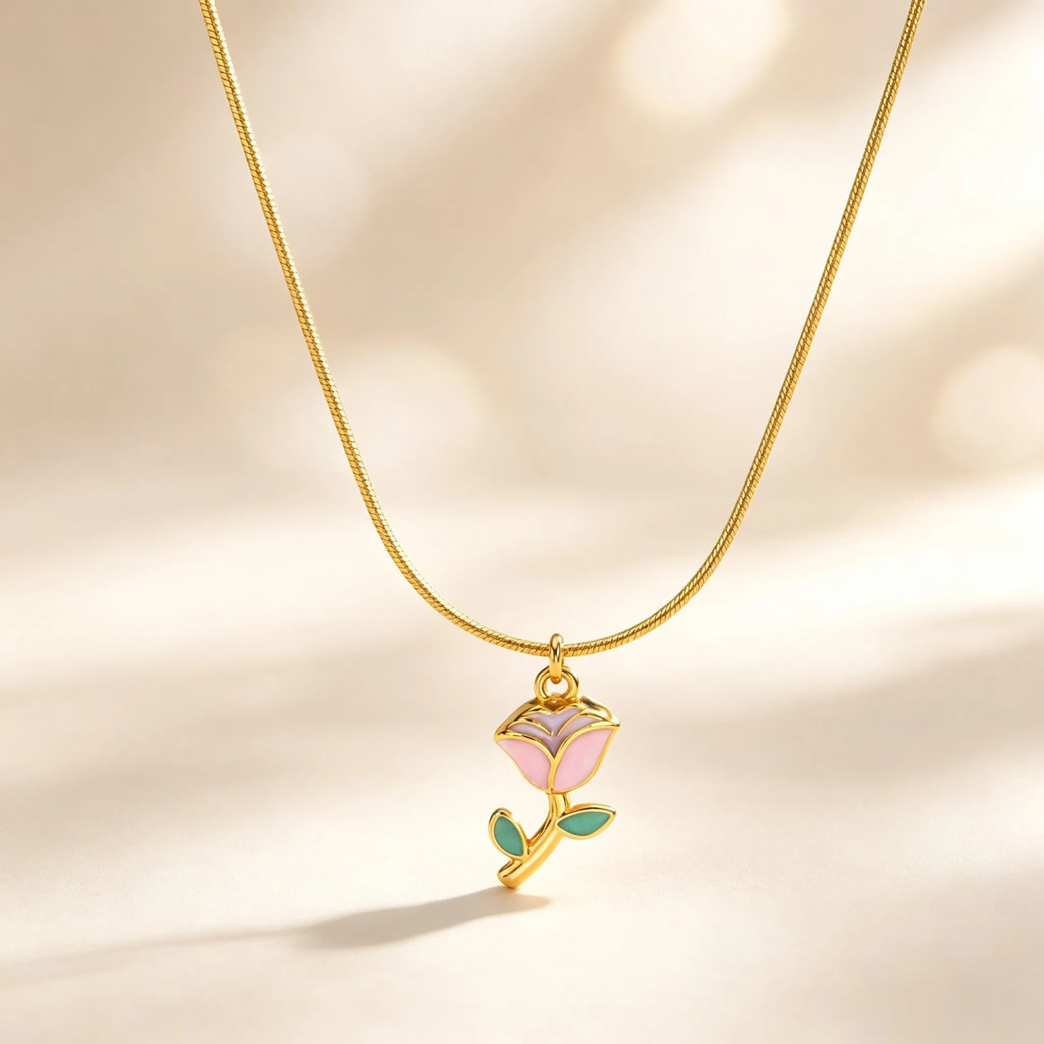 Rose Pendant Necklace for Women,Snake Chain Pink Enamel Rose Charm Necklaces,Sweet Romantic Ladies Neck Jewelry Gift