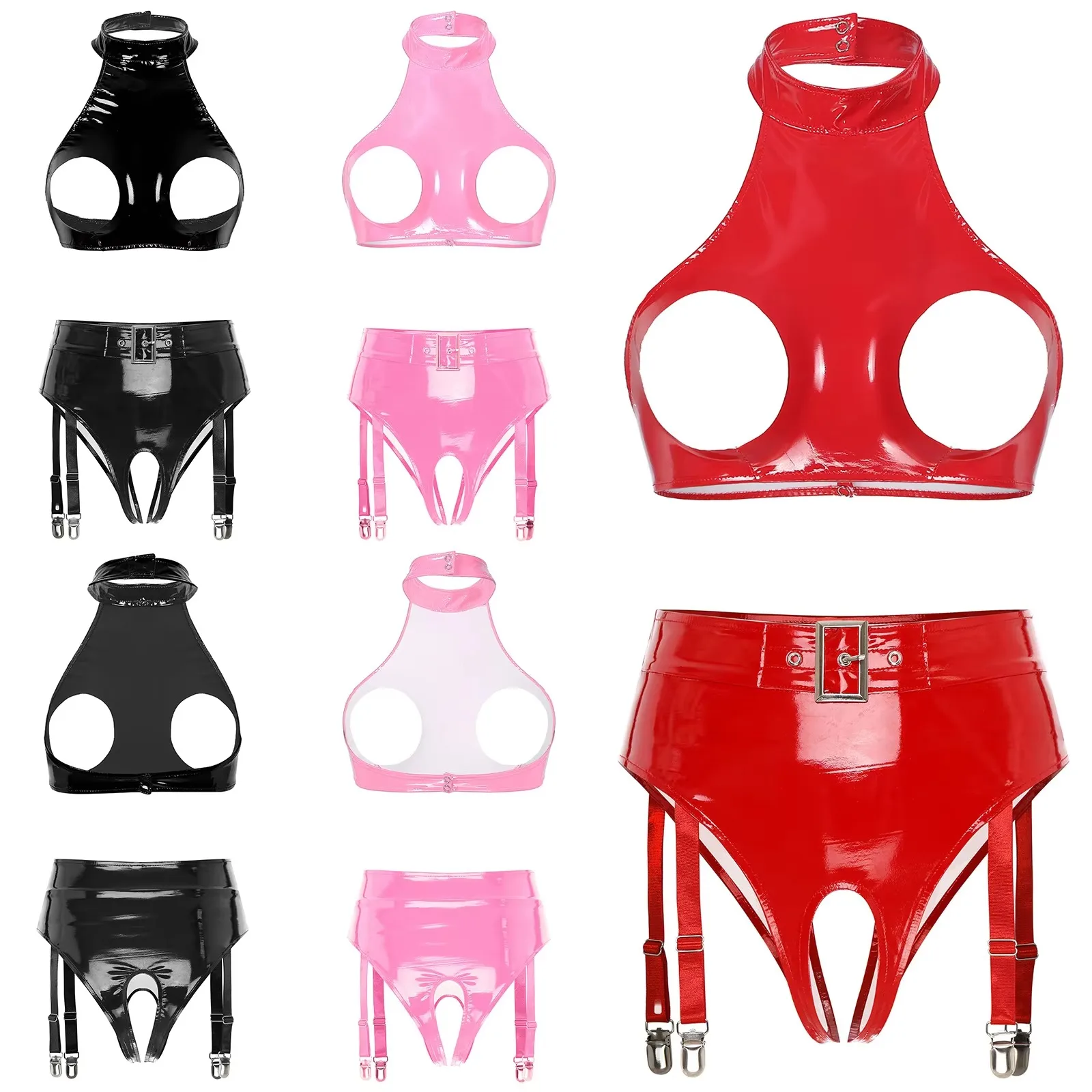 Bayan Rugan iç çamaşırı seti Islak Görünüm Halter Açık Göğüs Kırpma Üstleri Açık Kasık Jartiyer İç Seksi Gecelikler Clubwear