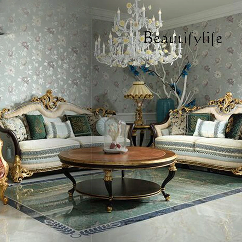 

European living room furniture solid wood hand-carved living room round tea table high-end coffee table