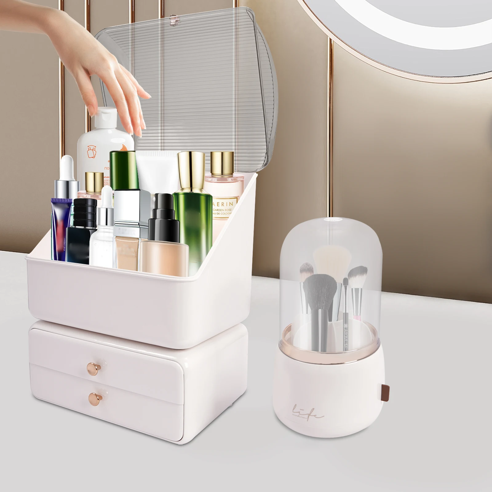 Large Makeup Organizer Make Up Cosmetics Plastic organizer box with Brush Holder Lid and Drawers