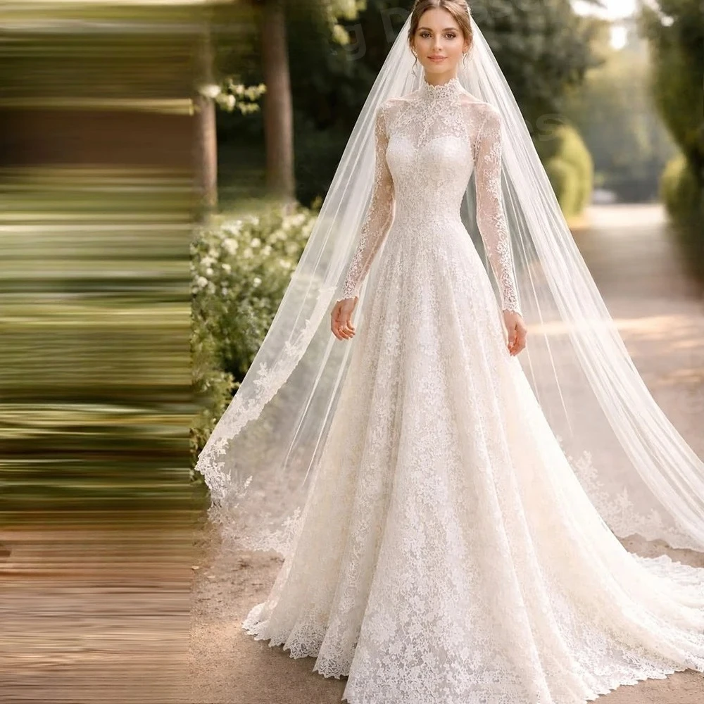 2026 Luxurious A Line Women's Lace High Neck Long Sleeve Wedding Dresses Vestido De Novia Bride Gowns Customized Robe De Mariée