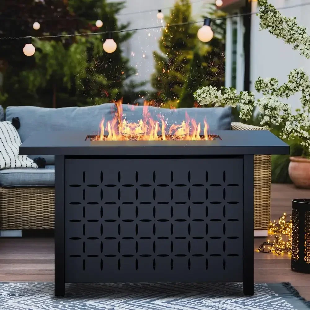 43 Outdoor Propane Fire Pit Table with Cover, Lava Rocks, 50,000 BTU, Versatile for Patio or Garden