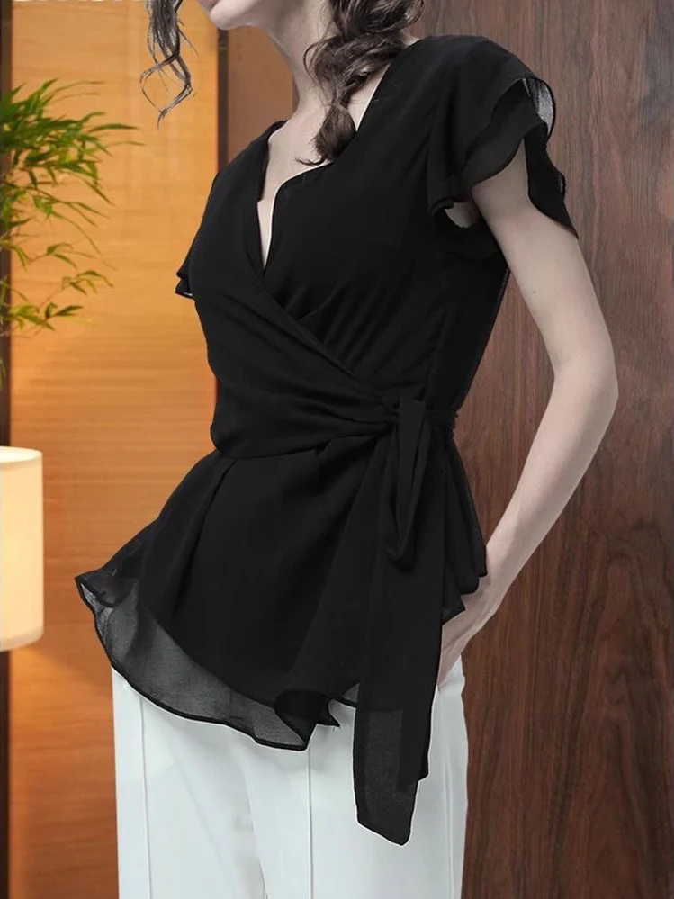 Slim Fit Short Sleeve Shirt Waist-Cinching Design Fashionable Summer Slimming New Style Lotus Leaf Trendy Top Women's Shirt