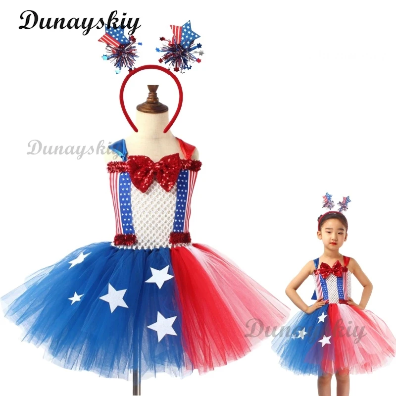 

American Flag Sequin Bow Cosplay Tutu Dress Patriotic Girls Outfit for USA Independence Day Carnival Holiday