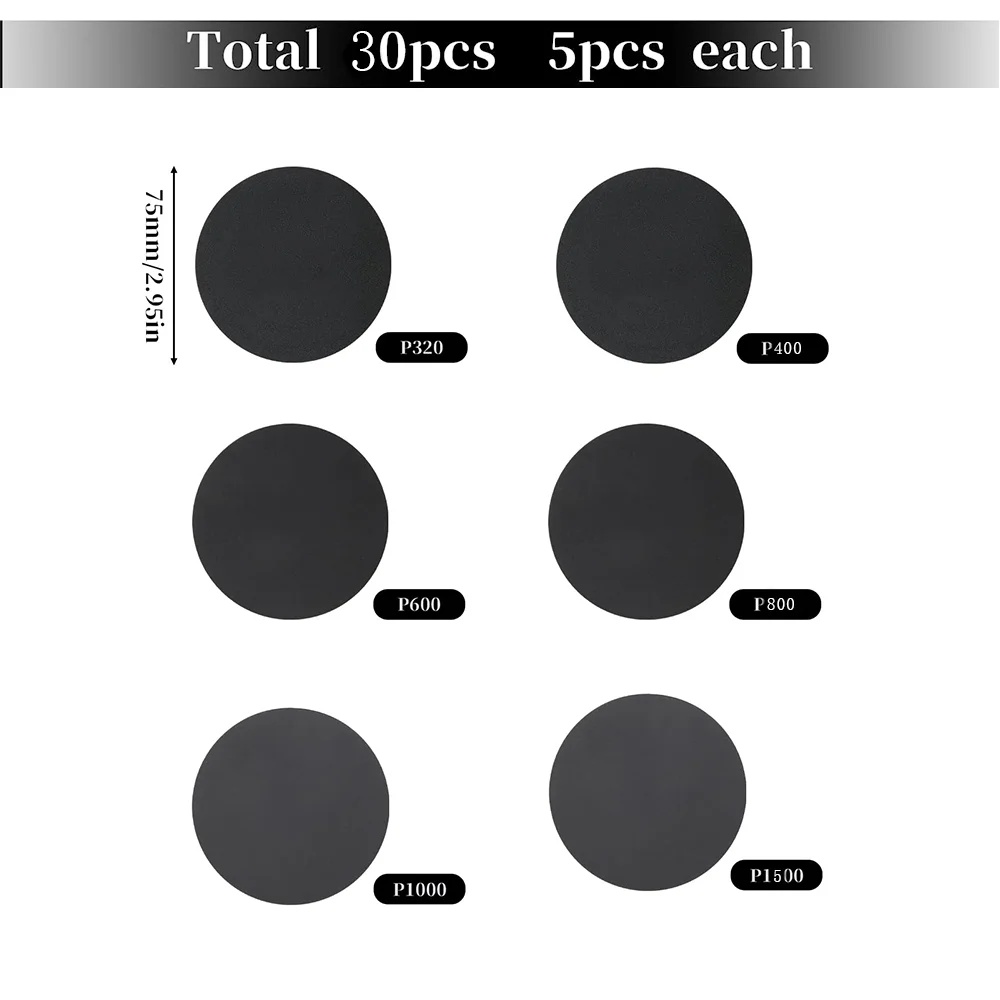 ورق صنفرة رطب وجاف 3 بوصة 30 قطعة متنوعة 320/400/600/800/1000/1500 خطاف وحلقة لتلميع وصنفرة السيارة المعدنية