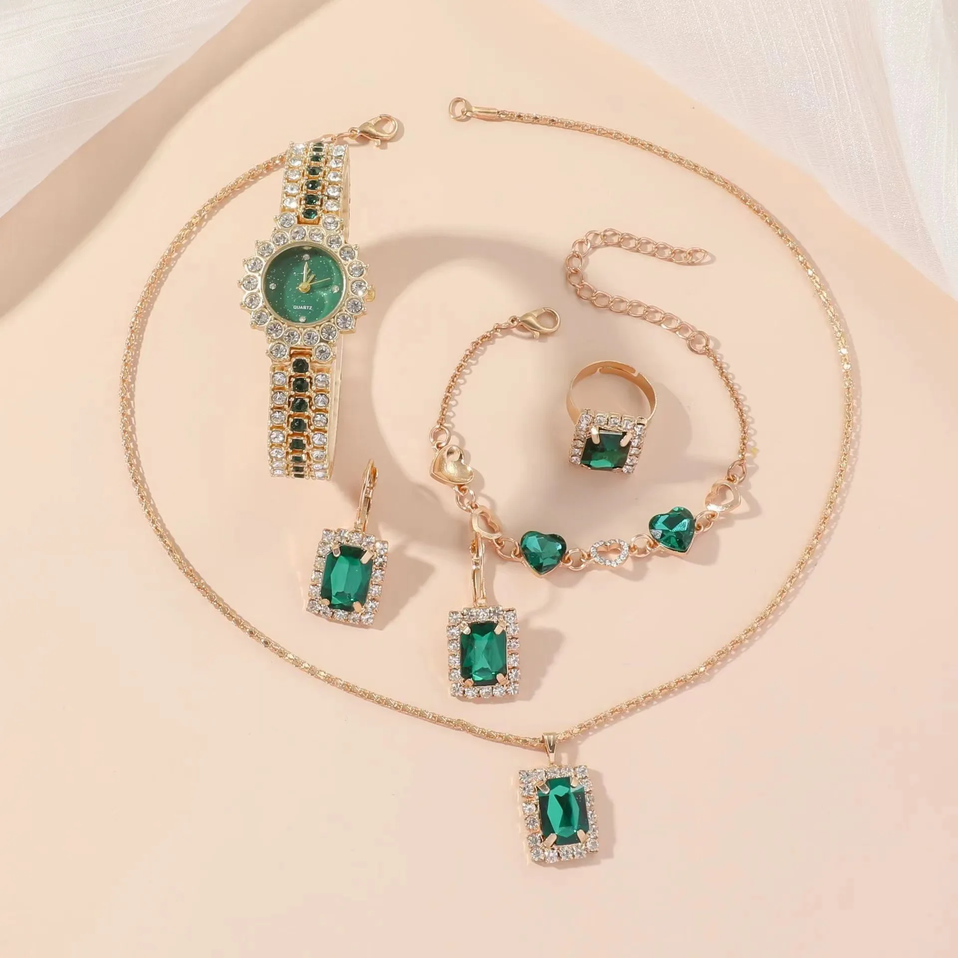 Women Fashion Watches Heart Rhinestone Ring Necklace Earring Jewelry Set Luxury Dress Quartz WristWatch Simple Elegant Watch Gif