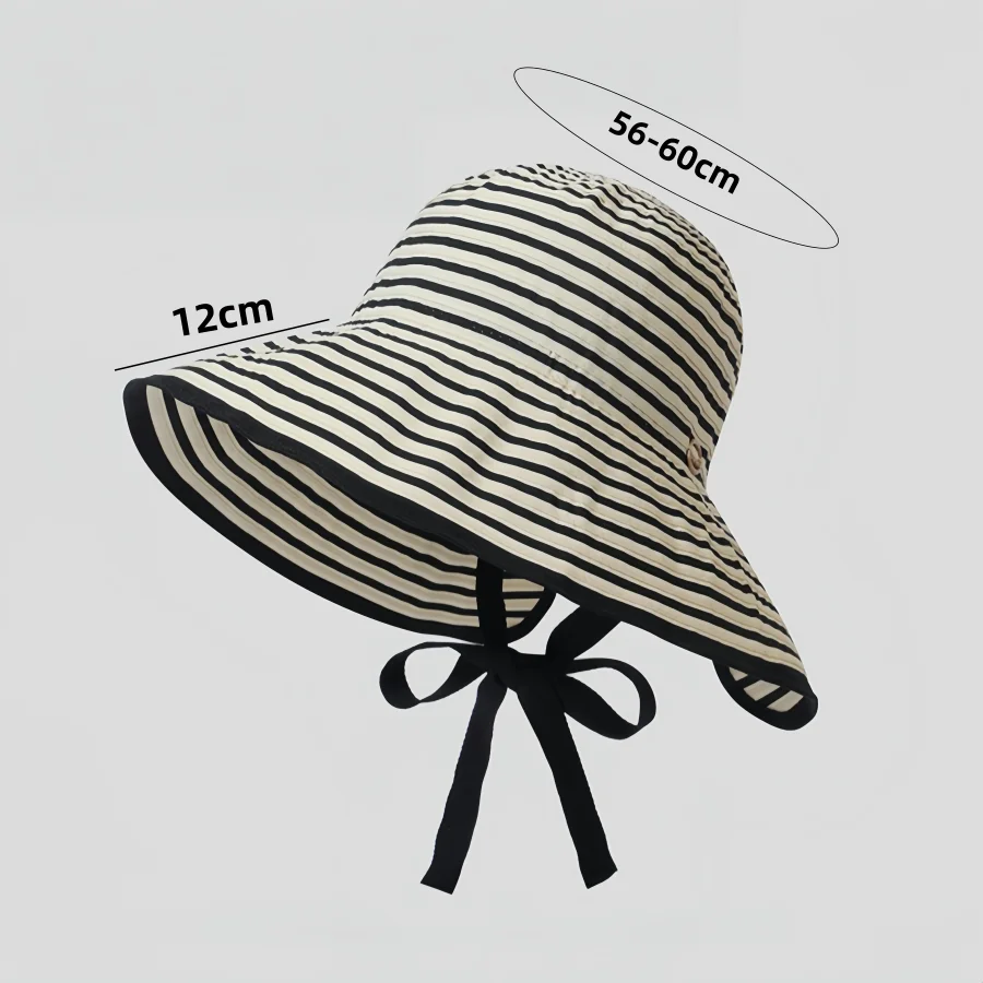 Black and White Striped Wide-Brimmed Sun Hat for Summer, Women's Style, Foldable/Can Be Tied into a Ponytail, Full-Face Uv Protection, Suitable for Daily Commuting, Beach Vacations, Outdoor Camping, and Grassland Trips