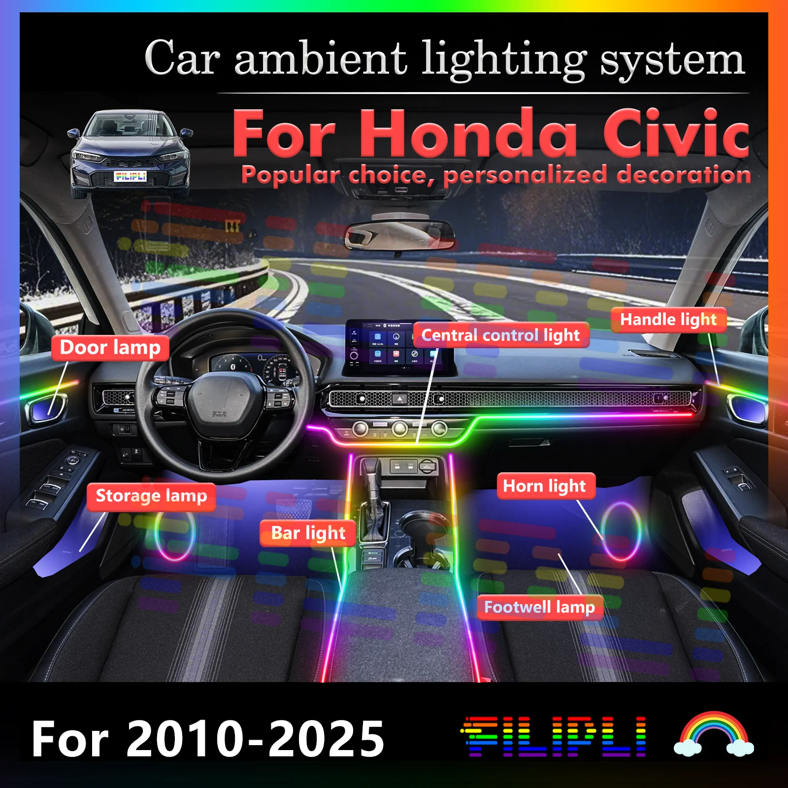6 In1 For Honda Civic 2010-2025Y Car Interior Ambient Lamps 64 Colorful Atmosphere Lights Auto LED Neon Strip App Control