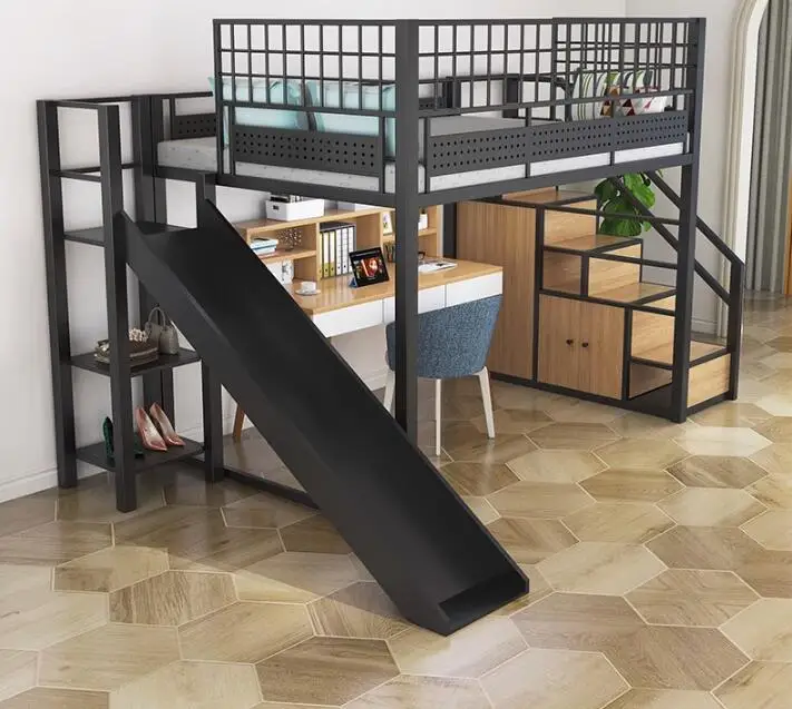 Multi-functional wrought iron loft bed simple bed under table stairs cabinet children's slide