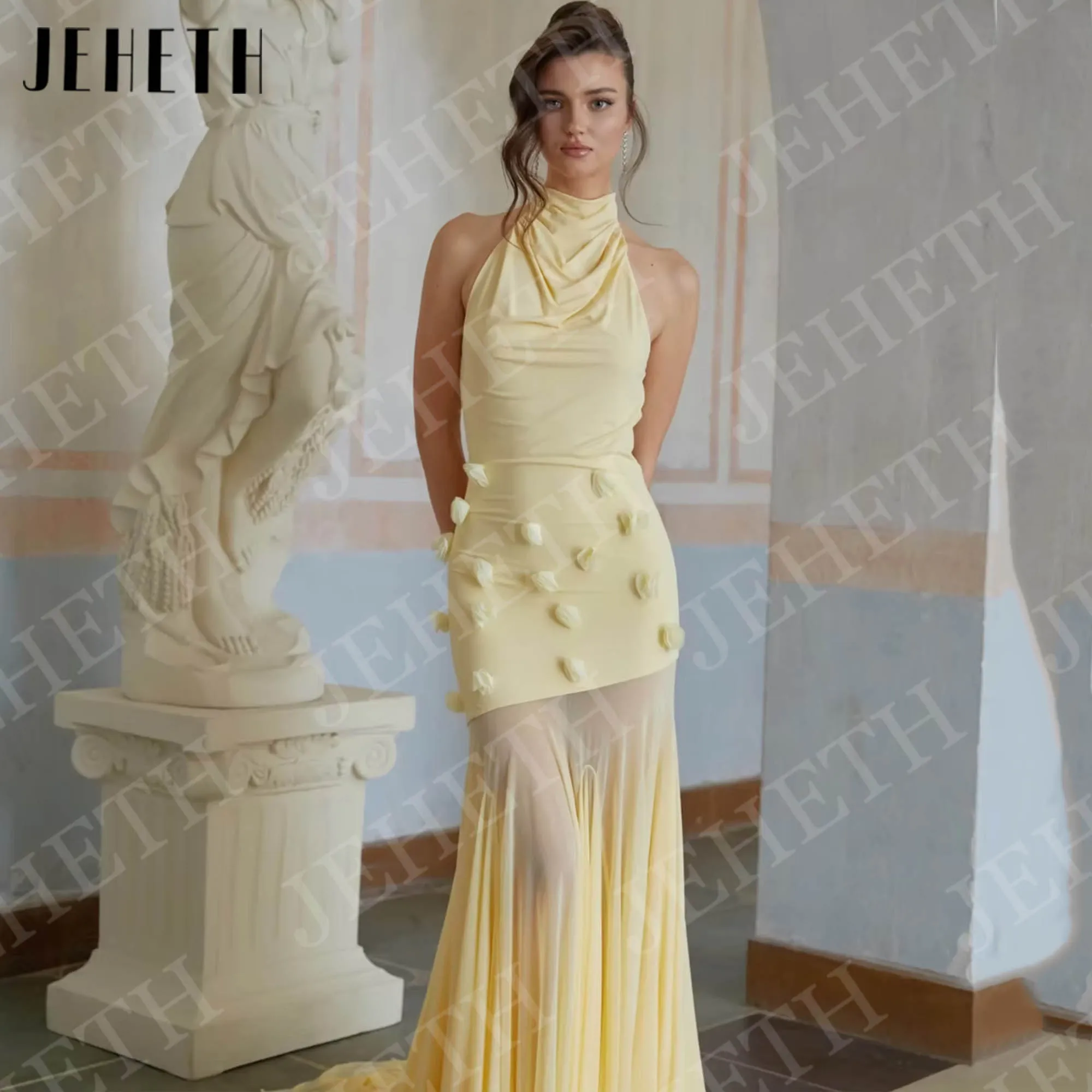 JEHETH Geel Zeemeermin Avondjurken Lange Galajurk Vrouw Halter Hals 3D Bloemen Feestjurk Mouwloos Aangepaste فسات musica