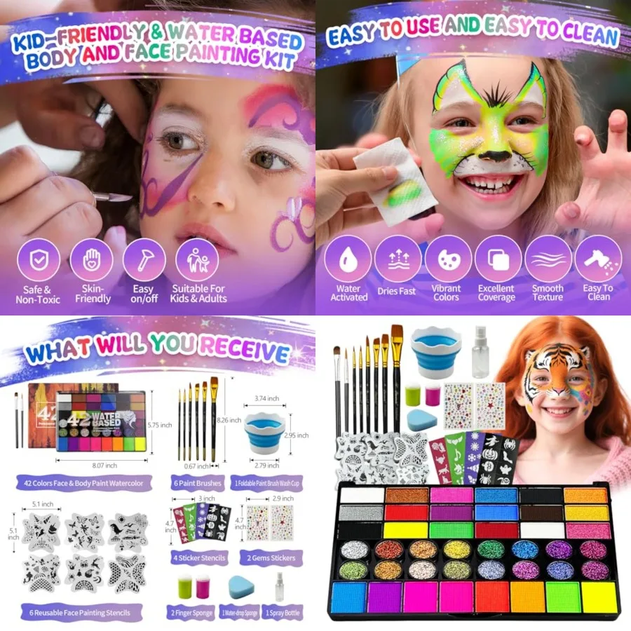 

Professional Face Painting Kit for 42 Color Water Activated Face Paint with Stencils Brush Wash Cup Spray Bottle for Halloween