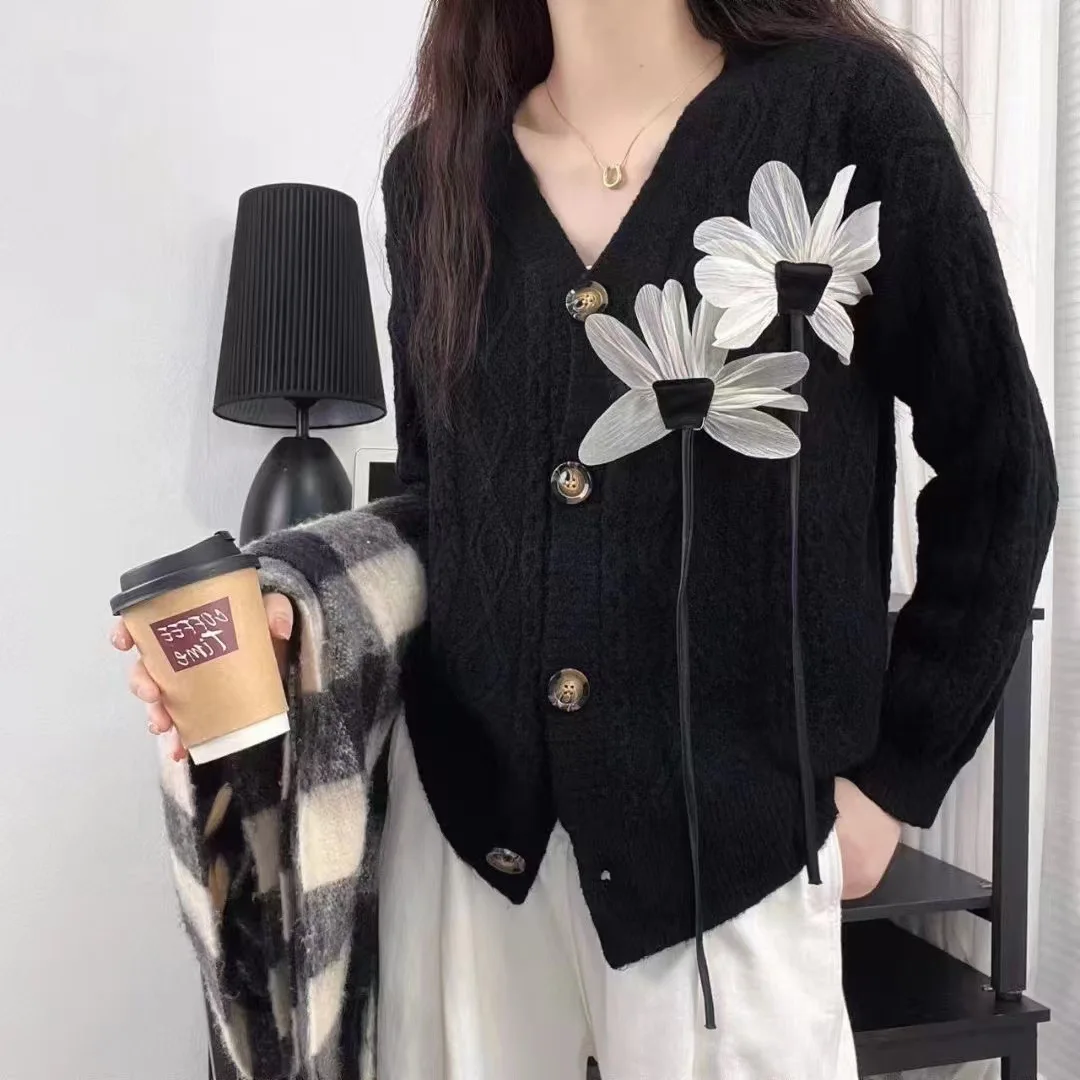 

Japanese 3D Flower Embroidery Loose Cardigan Women Black Cute Korean Style Solid Color Long Sleeve Top Knitwear Sweater