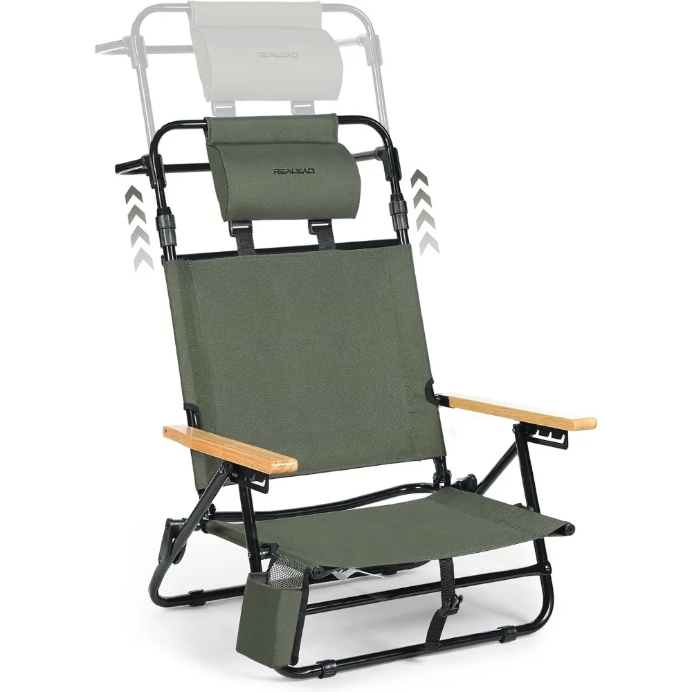 

REALEAD Reclining Beach Chairs for Adults - Extendable High Back Low Profile Beach Chair with Headrest, Cooler Pouch, 4-Position