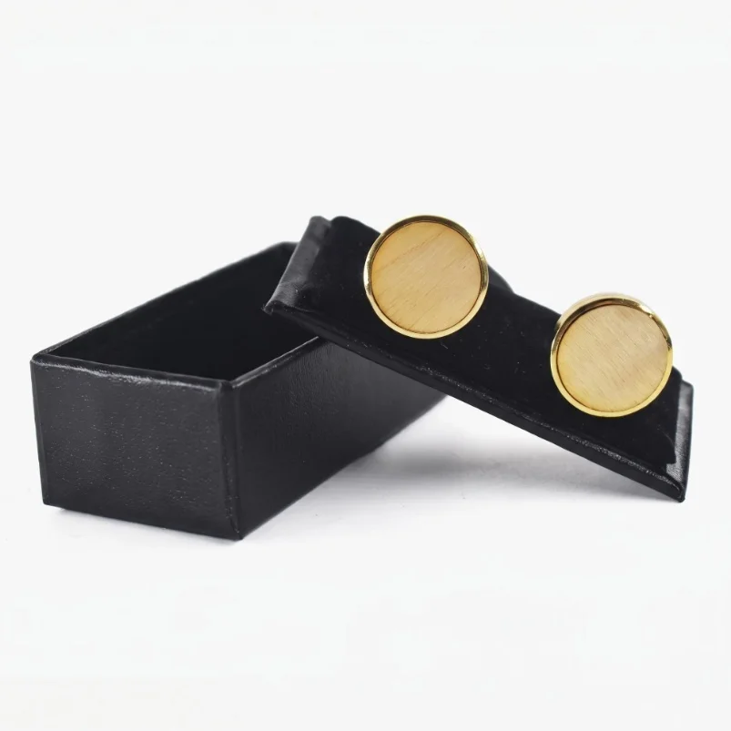 Wooden Cufflinks for Men Round Brass Frame Walnut Cuff Links Classic Shirt Cuff Buttons Wedding Business Gift for Gentlemen
