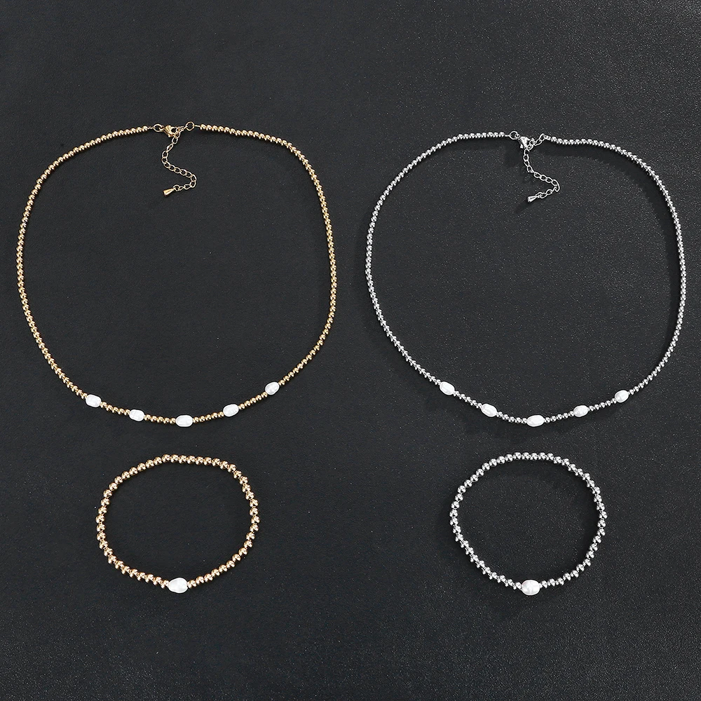 

Classic Quality Jewelry Set Women's Gifts Waterproof Durable Stainless Steel Beaded Chain Fresh Water Pearl Necklace Bracelets