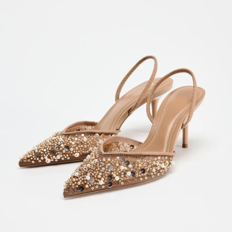 جديد مطرز شبكة Slingback الكعوب للنساء الفاخرة أشار تو كعب مضخات مكتب سيدة مضخات الصيف خنجر الأحذية الصنادل 2025