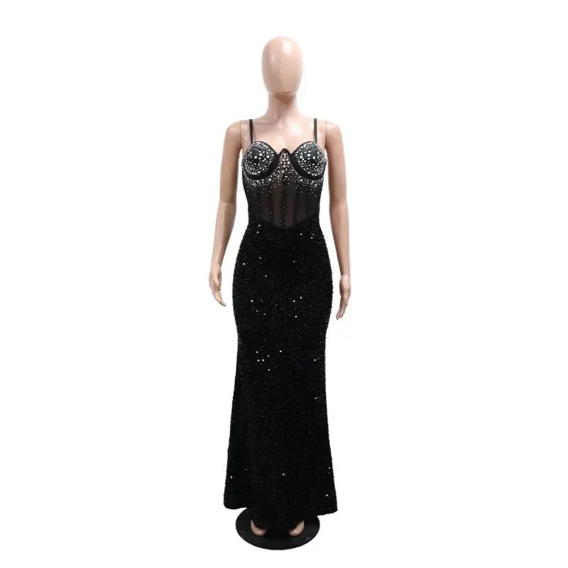 Women Sexy Sheer Mesh Patchwork Velvet Sequins Maxi Evening Party Dress Rhinestones Spaghetti Straps Backless Bodycon Long Robe