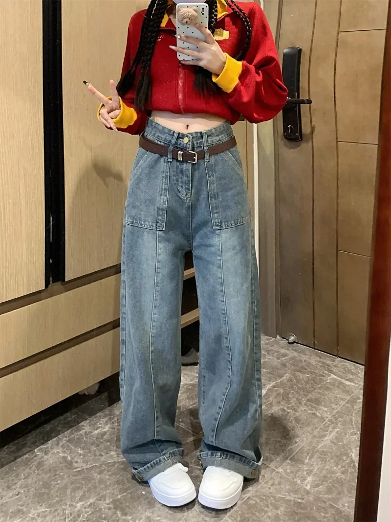 Vaqueros de pierna ancha para mujer, ropa de calle que combina con todo, cintura alta, pantalones caprichos holgados Vintage Harajuku para estudiantes de otoño para adolescentes