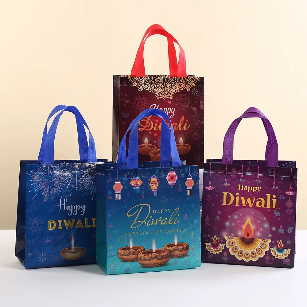 حقيبة تعبئة هدايا من قالب Happy Diwali ، حقيبة حمل للتسوق غير منسوجة ، ديكور حفلات المهرجانات الهندية ، 8: 8000