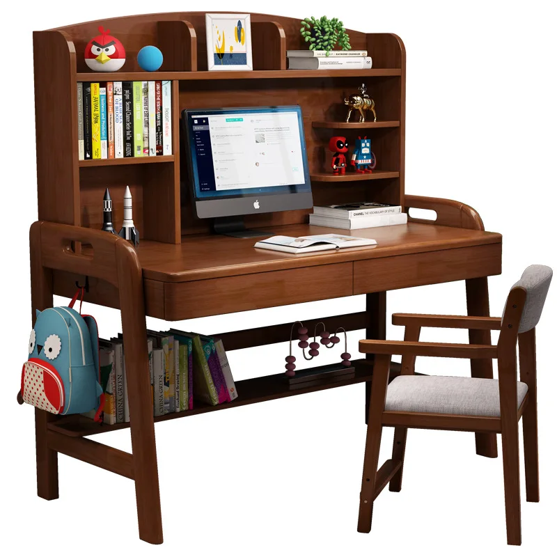 

Children's study tables and chairs can be lifted and lowered, all solid wood, integrated desk and bookshelf, simple student home