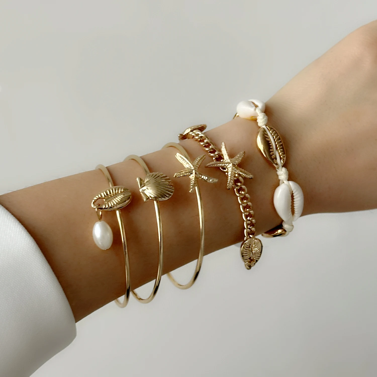 5PCS Bohemian Handmade Shell Armbänder Set für Frauen Luxus Seestern Shell Anhänger Armband Sommer Strand Schmuck Zubehör – Detail 2