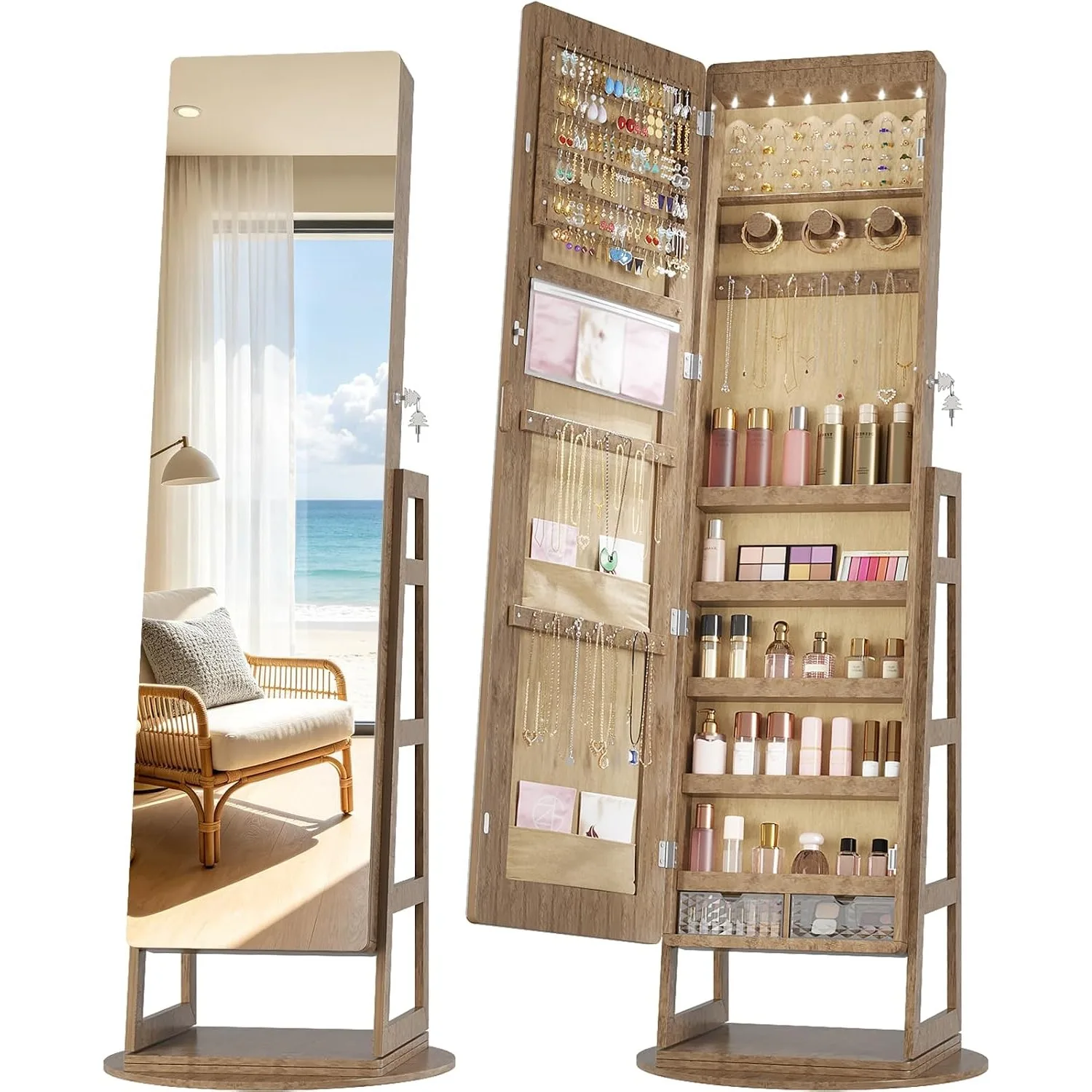 Standing Jewelry Mirror Organizer 6 LED Swivel Jewelry Cabinet Wood | Framelss Full Length Mirror with Jewelry Storage, Lockable Jewelry Armoire with 4 Rear Shelves and Hooks for Women Gift