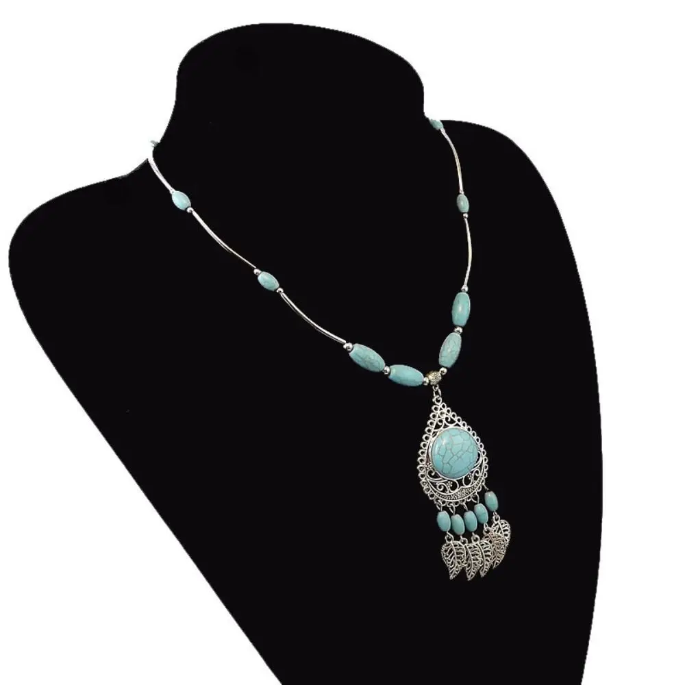 Vintage Chic Bohemia Ethnic Pedant Metal Chain Turquoise Beads Chain Necklaces Charm Flower Jewelry Accessories Women Girls