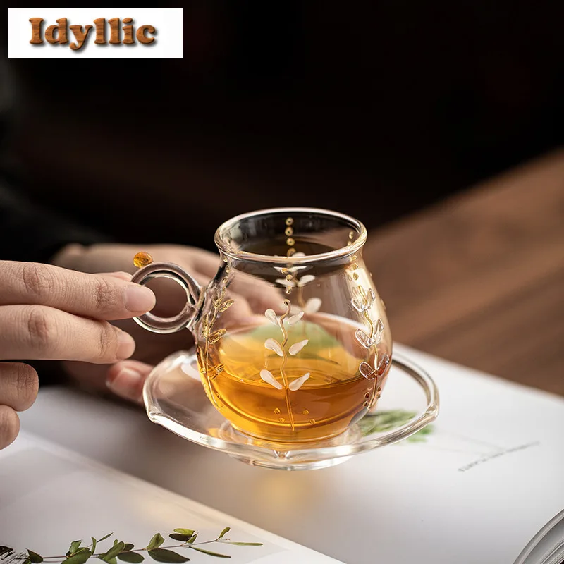 

220ml Wisteria Flower Glass Coffee Mug with Plate Hot Chocolate Cup Afternoon Tea Mug Cup Saucer Kit Office Water Cup Teaware