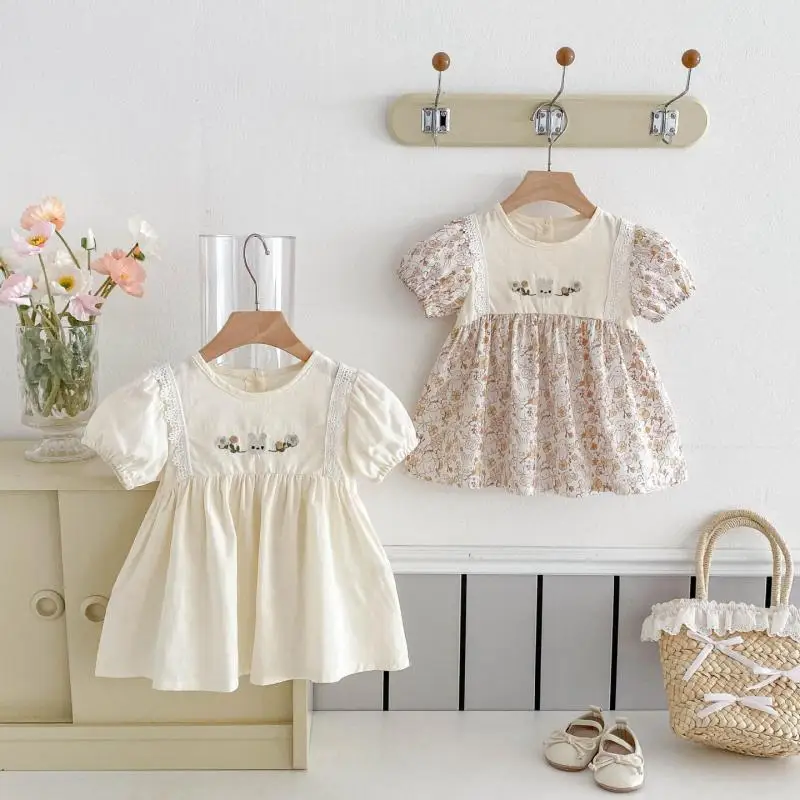 Infant Toddler Sweet Girl Embroidery Princess Dress Children Clothes 2025 Summer New Baby Girls Short Sleeve Floral Dress Cotton