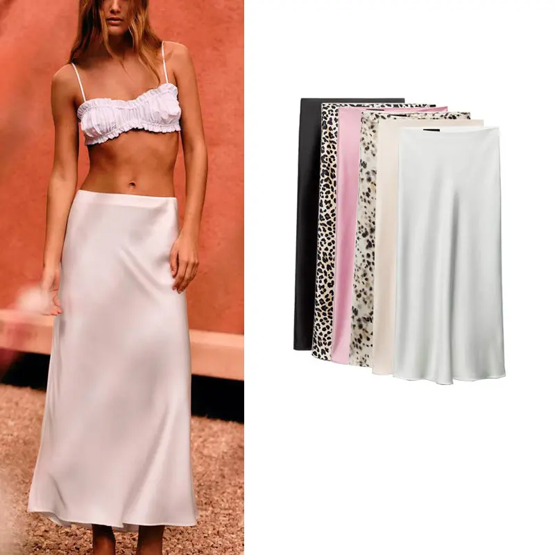 Spring New Style A-Line High Waist Midi Skirt Satin Texture Office Commute OL Style Polyester Fiber Iron-Free Processing