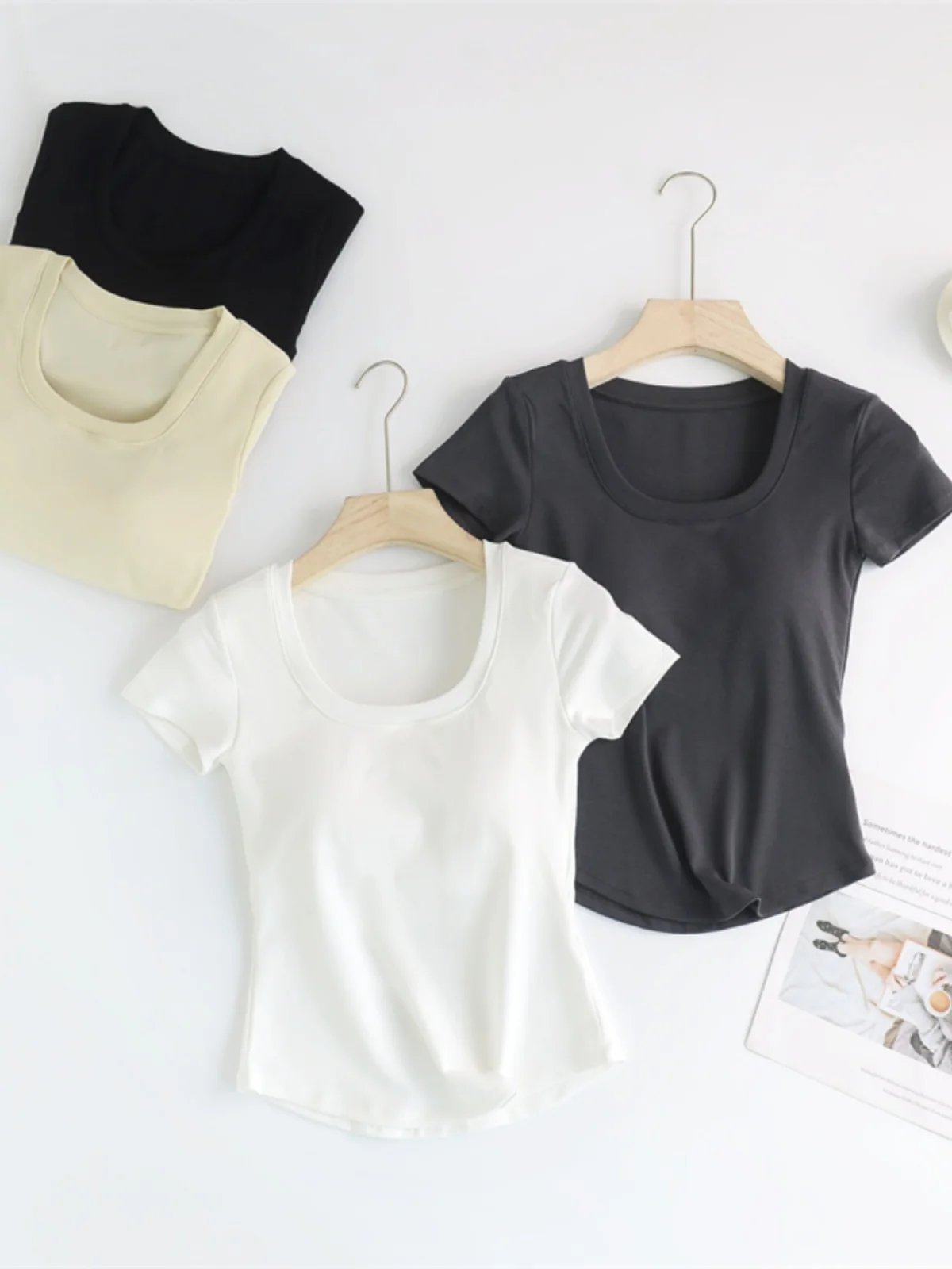 Lcellose Bamboo Fiber Cotton Wireless Bra Short Sleeve T-Shirt Women's Slim Fit Summer Fashion Casual round Neck Top