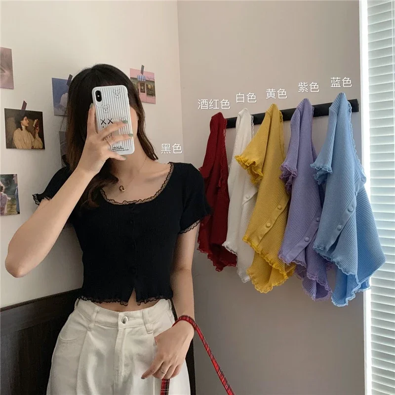 Donne Patched Lace O-Collo Lavorato a maglia Manica corta Maglioni sottili Cardigan Lady Bottoni monopetto Maglione Crop Top Donna