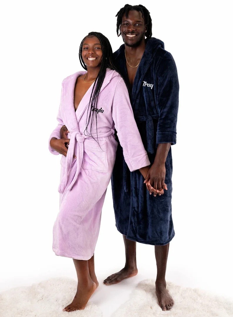 Custom His and Hers Long Bathrobes with Hoodies Honeymoon Gift Anniversary Groom and Bride Wedding Matching Couple Bathrobes